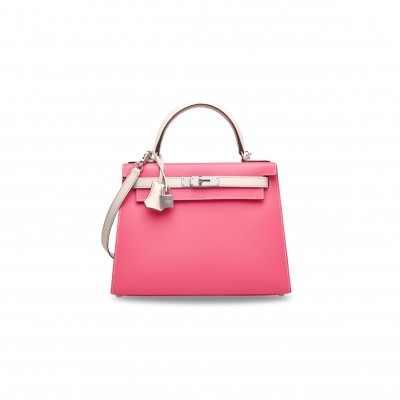 HERMÈS ROSE AZALÉE & CRAIE EPSOM LEATHER SELLIER KELLY 25 WITH BRUSHED PALLADIUM HARDWARE (25*17*7cm) 